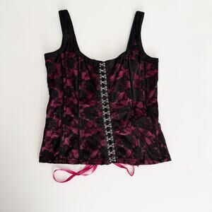 [Tripp NYC] Black Pink Y2K Floral Print Lace Hook & Eye Corset Top Size Large L